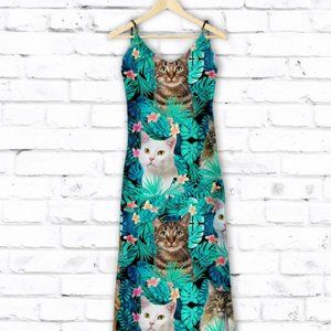 New Multi Cat Print Hawaiian Maxi Summer Dress